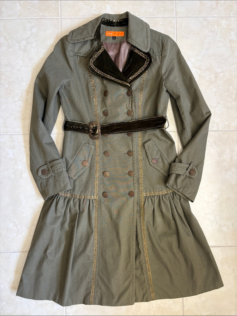 Vintage Cynthia Steffe Military Style Green Trench Coat Velvet Belted 90s Medium